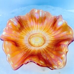 Vtg Fenton Carnival Glass Marigold Sunburst Bowl Ruffled Edge Iridescent READ